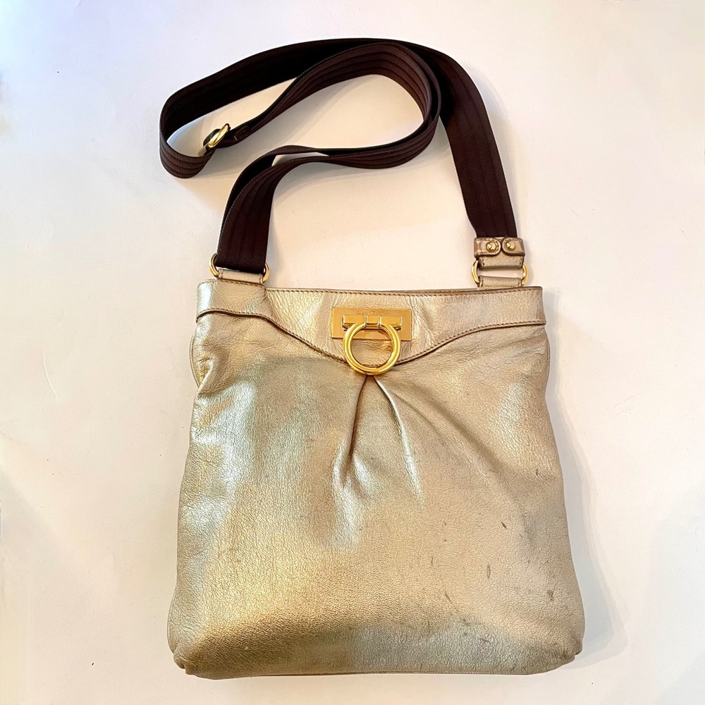 Salvatore Ferragamo Graziella Gold Gancini Metallic Leather Slim Crossbody